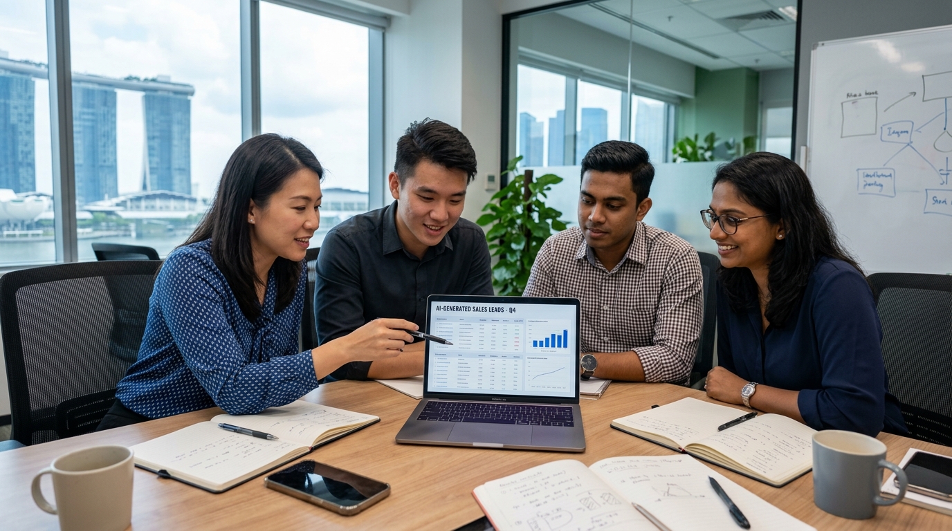 Sales team reviewing AI outbound data on laptop screen together