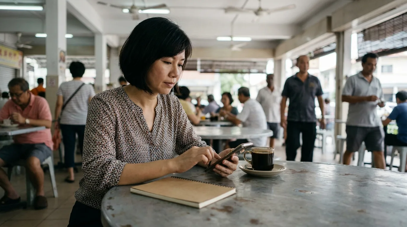 Singaporean professional using phone for content marketing workflow.