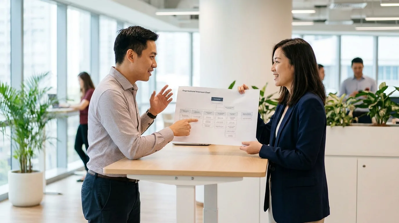 Two Singapore professionals reviewing a printed org chart together.