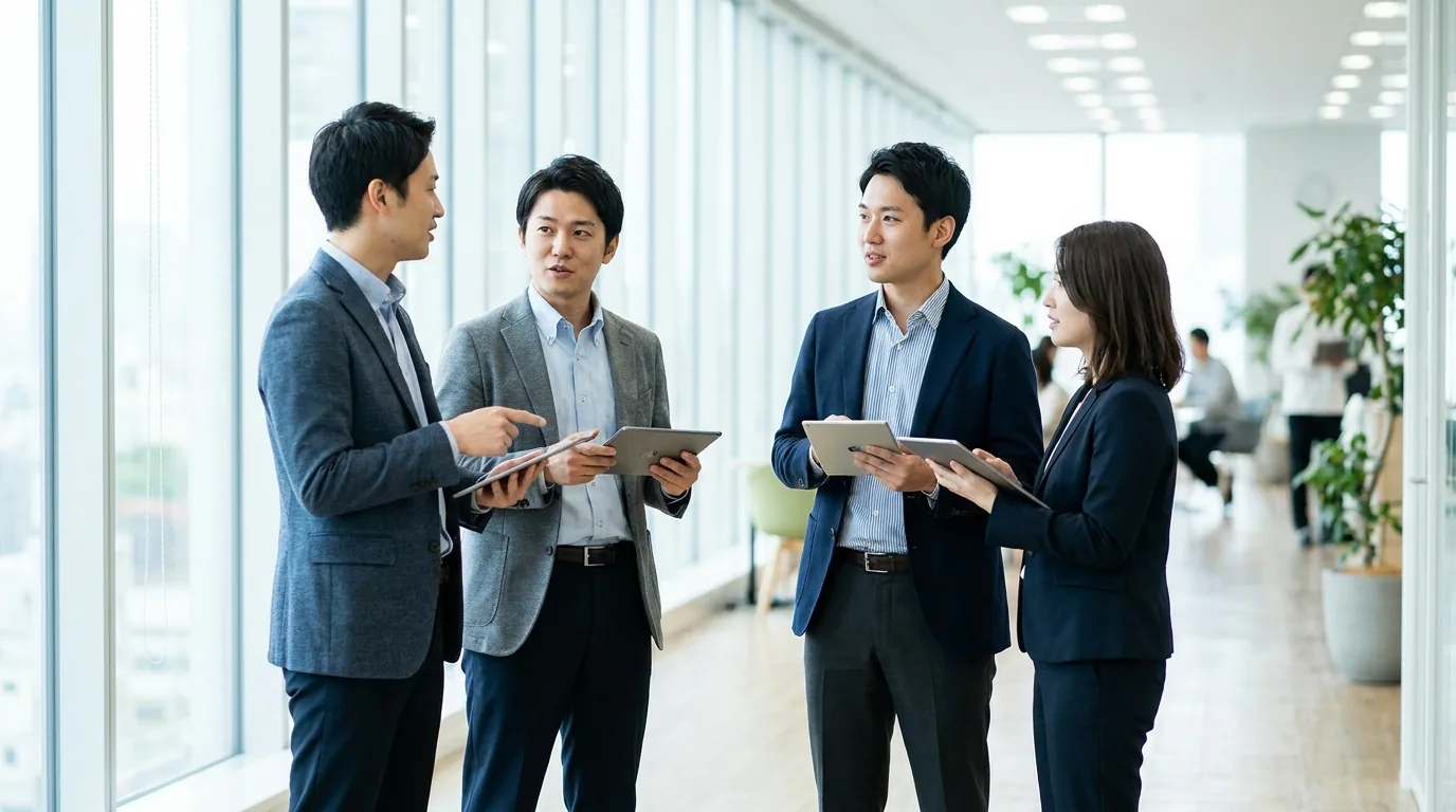 Singaporean professionals discussing AI training roles in an office.