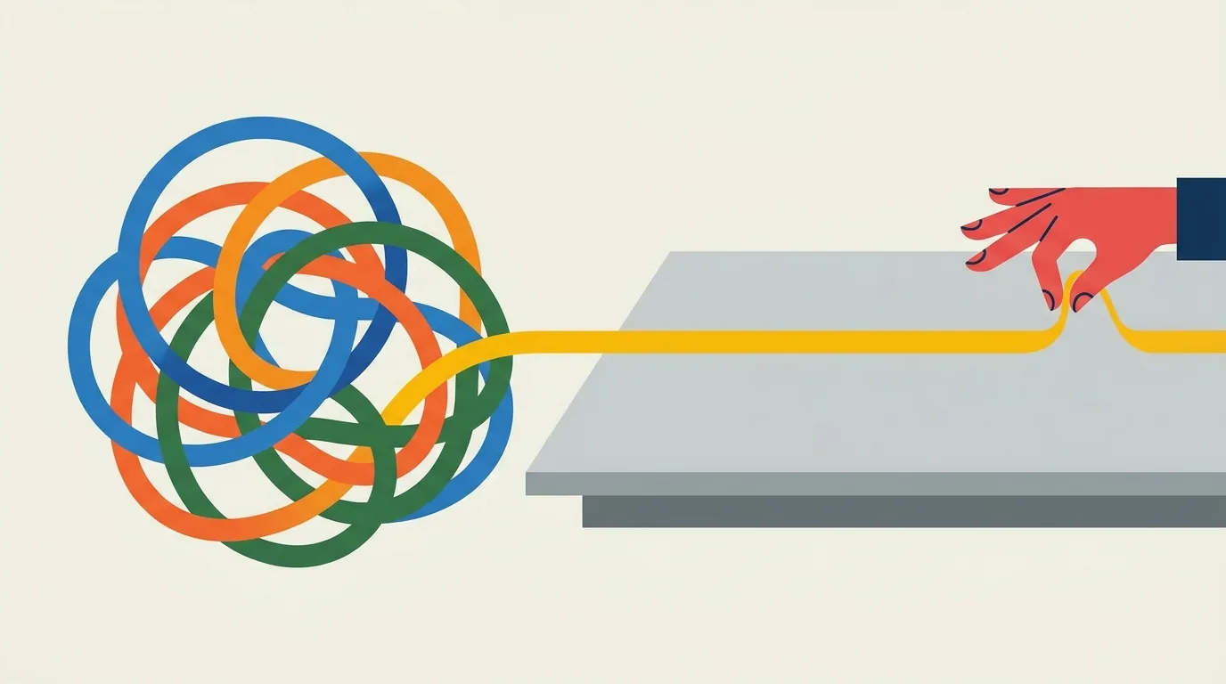 Tangled thread unspooling into a single straight line.