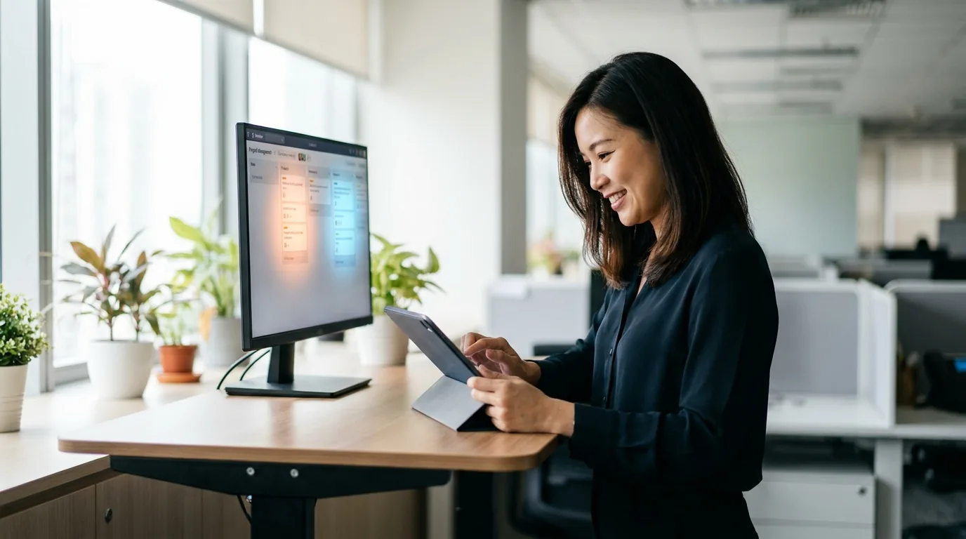 Singaporean professional using no-code automation tool at desk.