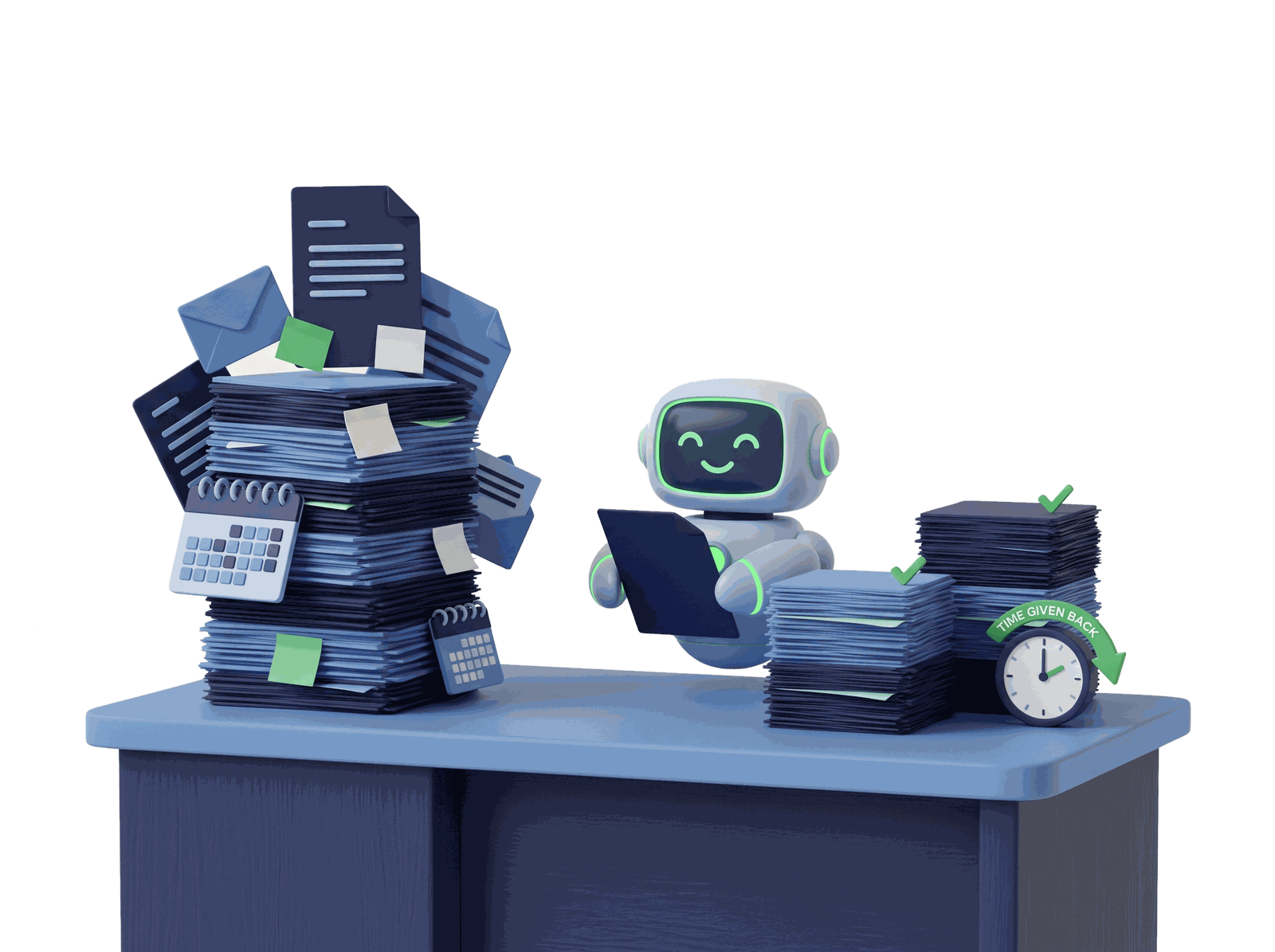 A cluttered admin desk being organised by an AI assistant