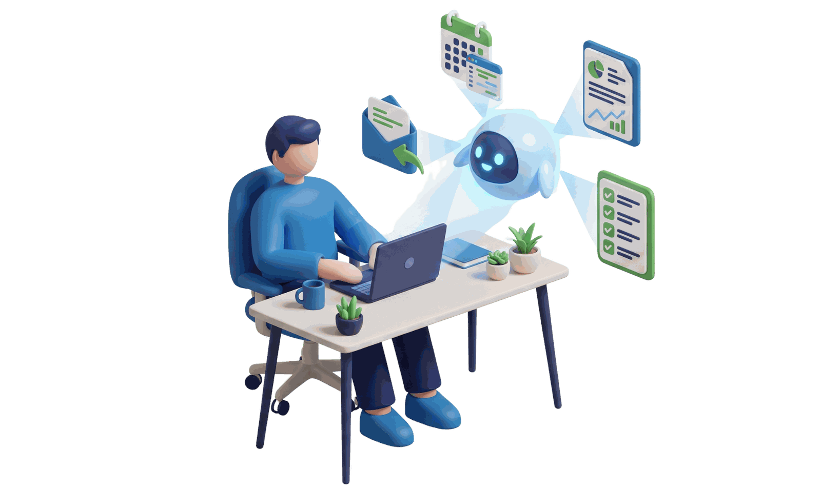 AI illustration helping an administrator with emails, reports and scheduling