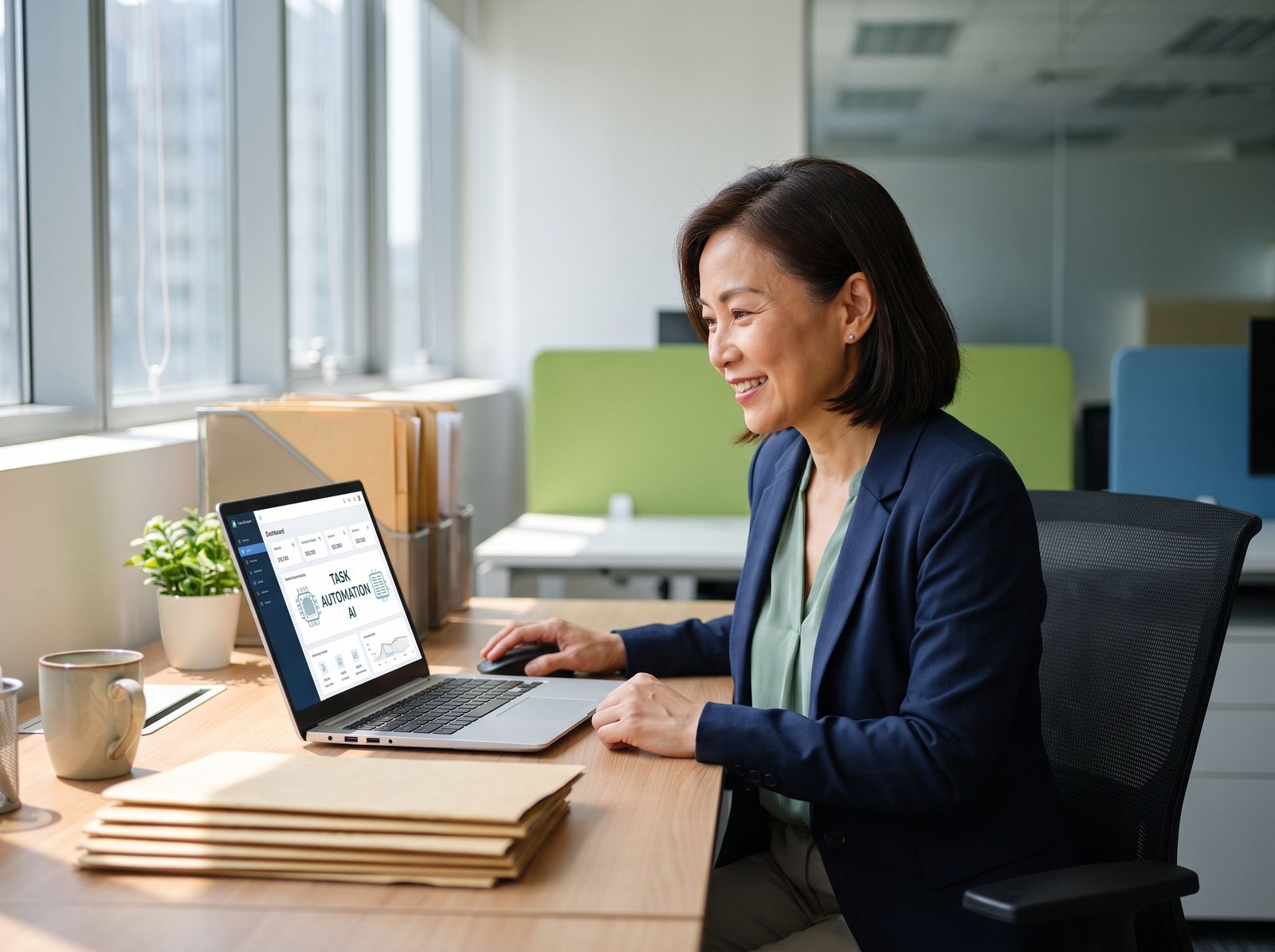 Office administrator using AI at a tidy desk in Singapore