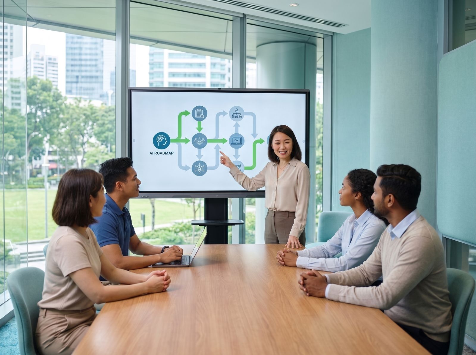 Managers discussing an AI adoption strategy in a Singapore boardroom