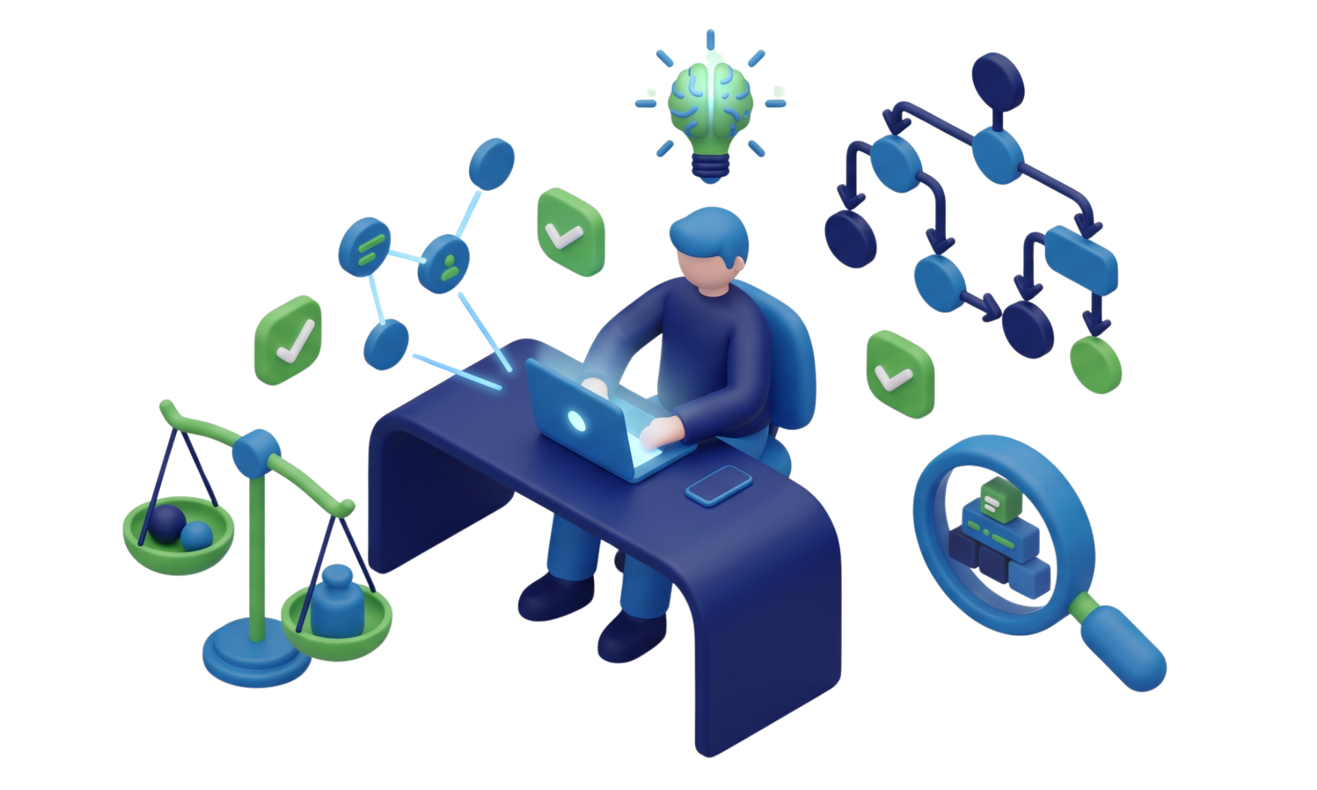 AI-powered critical thinking illustration with reasoning frameworks and data