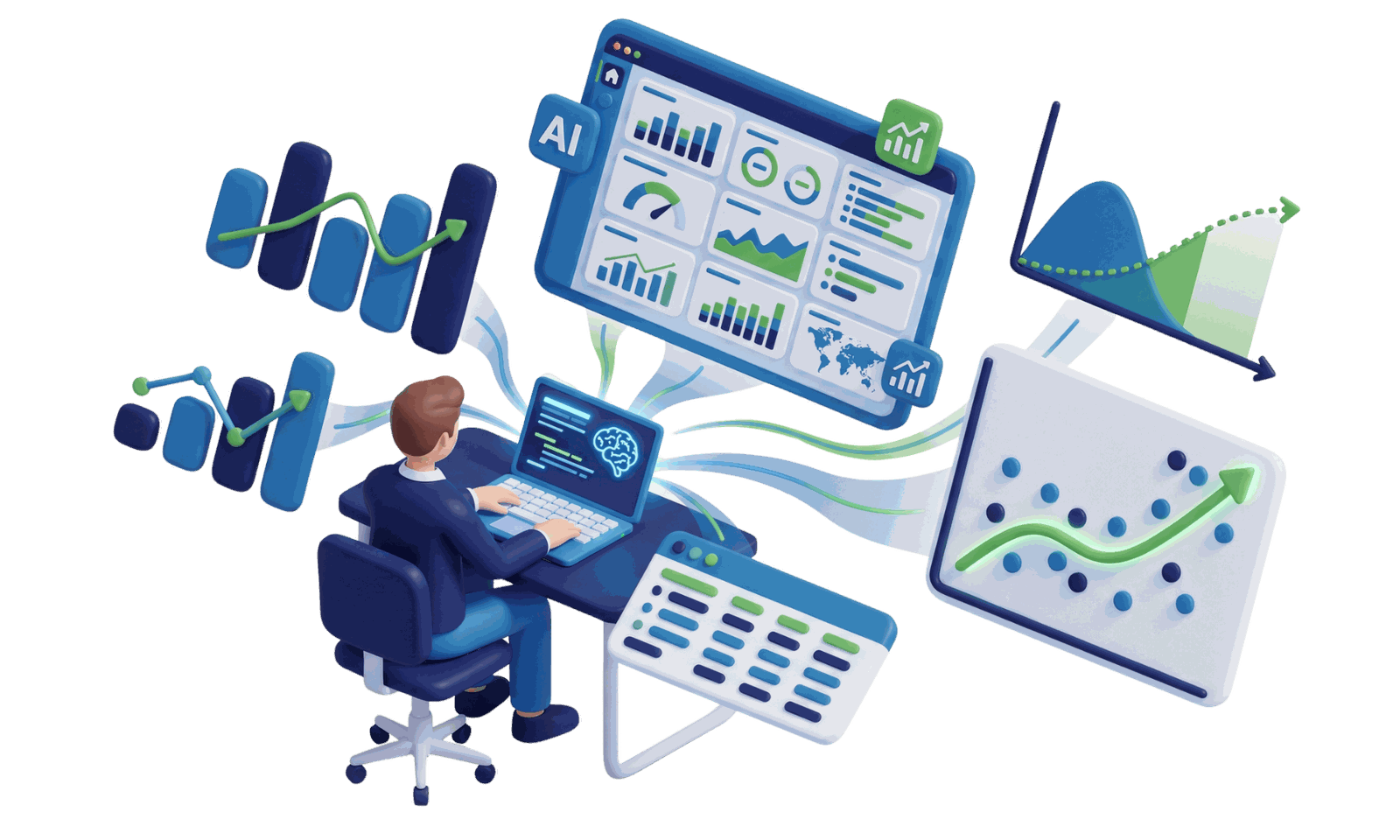 AI-powered data analytics illustration with charts, models and forecasting