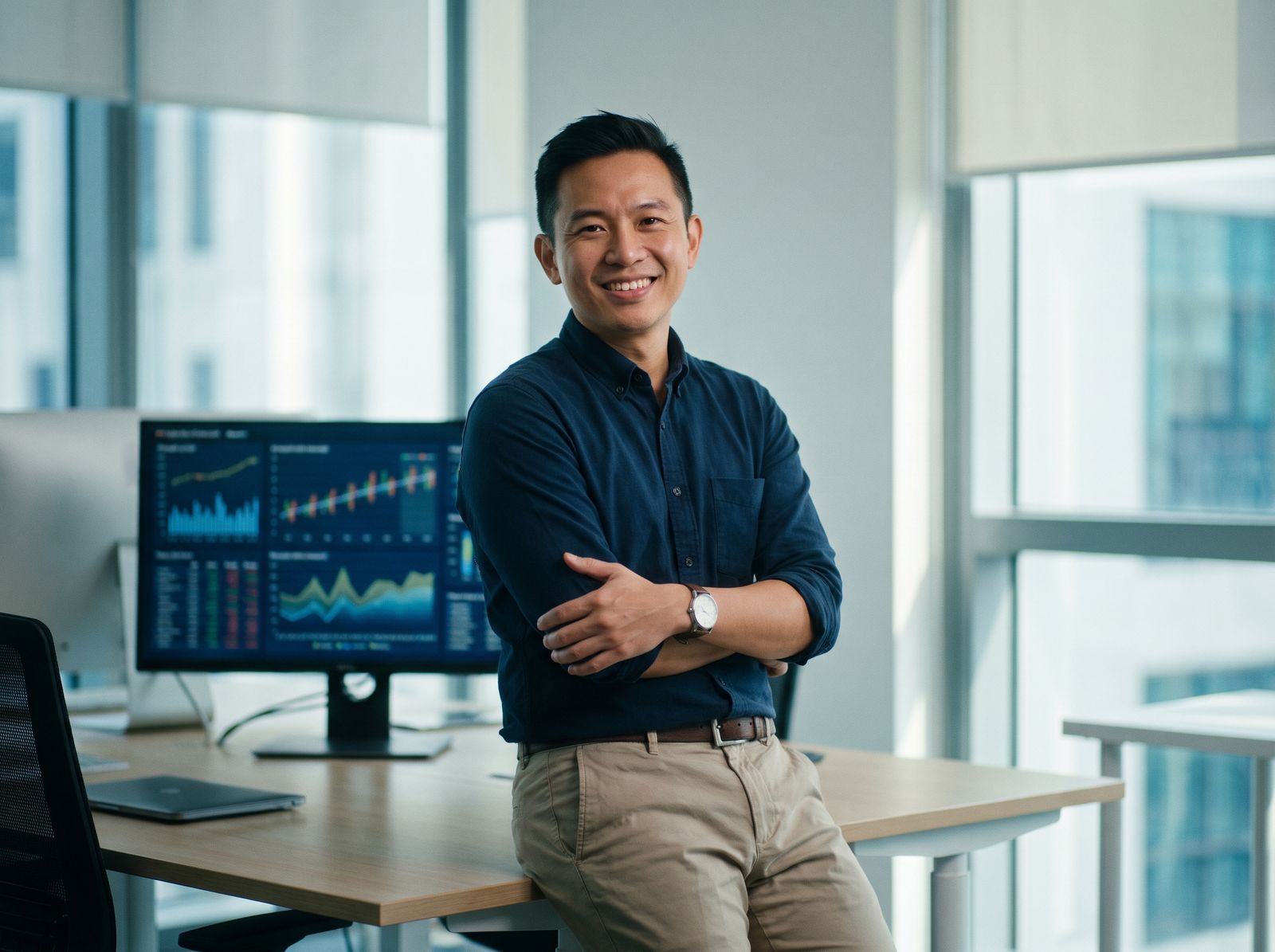 Man standing infront of AI-generated data charts and forecasts in Singapore