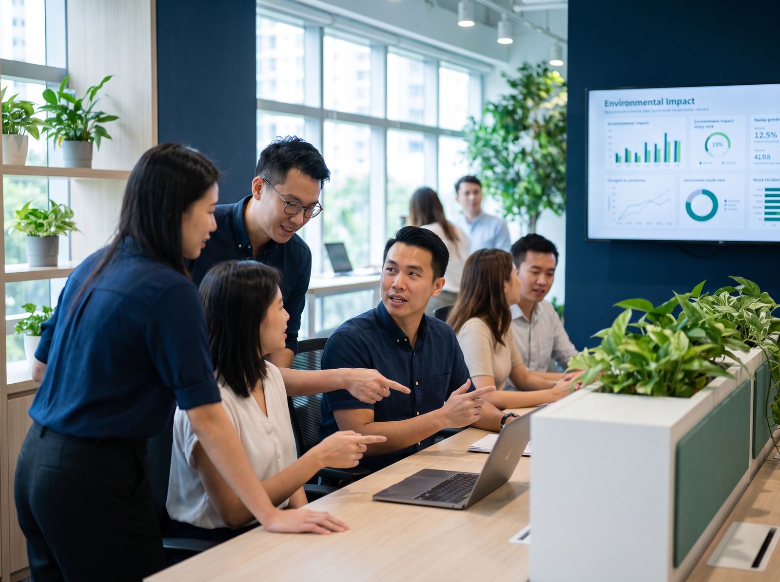Professionals reviewing an ESG sustainability dashboard in a Singapore office