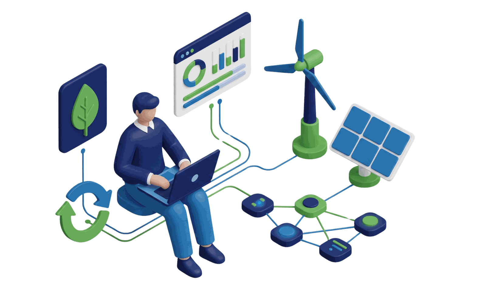AI-powered sustainability illustration with ESG, renewable energy and data