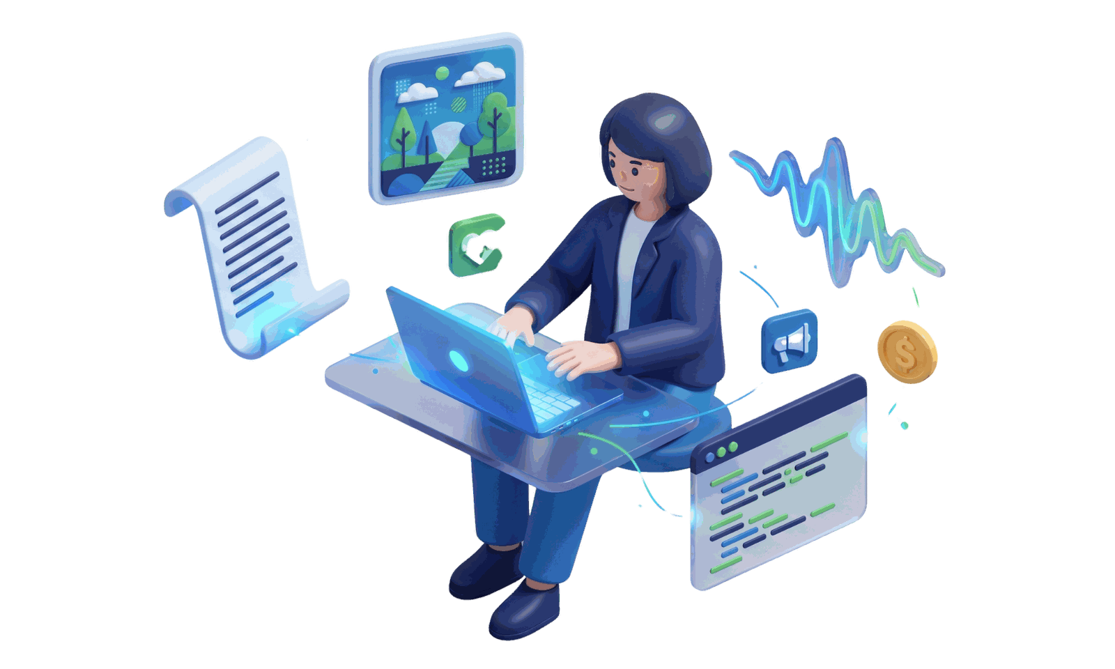 Generative AI illustration creating content, code and visuals across industries