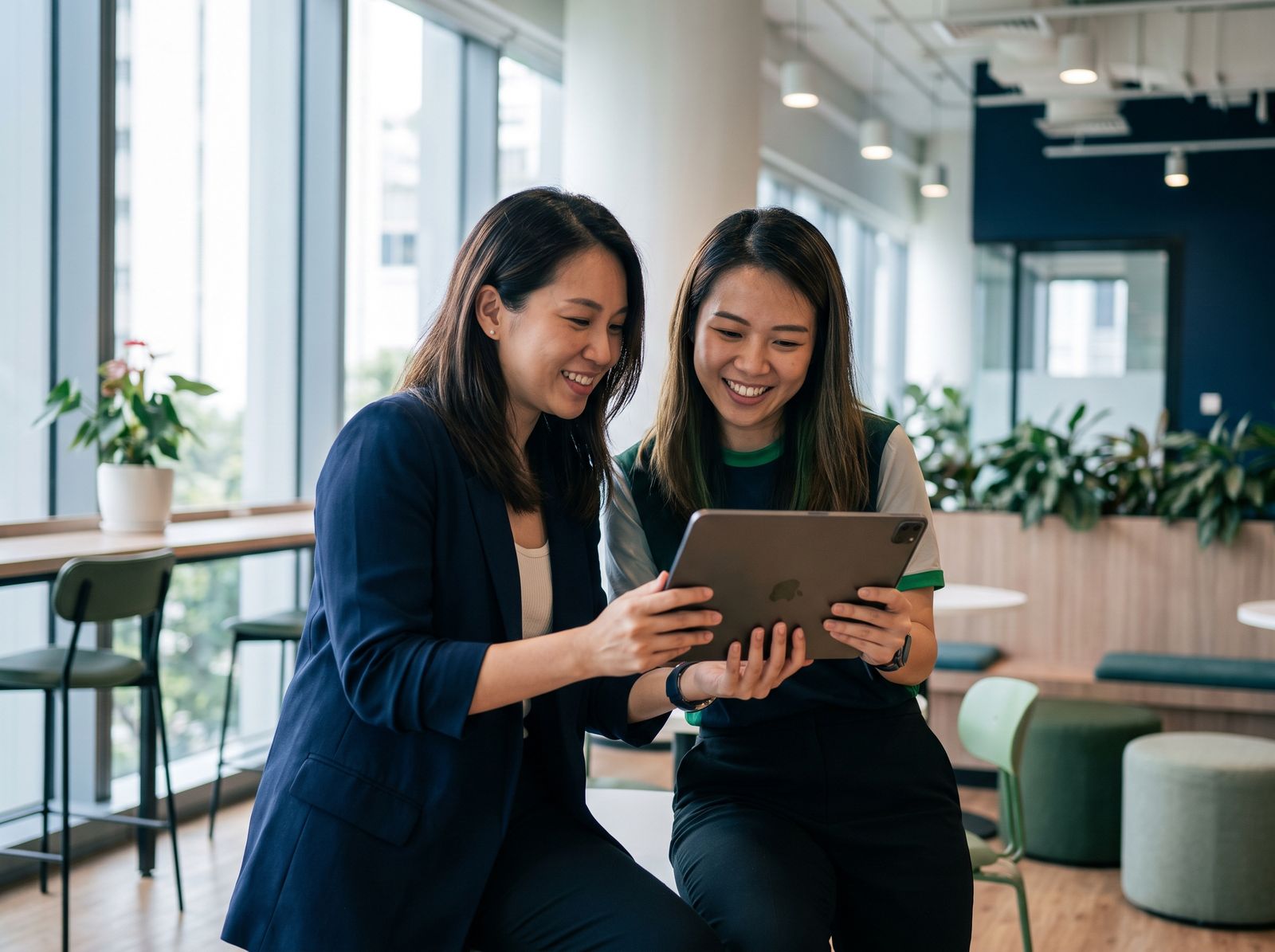 Colleagues exploring generative AI tools on a tablet in Singapore