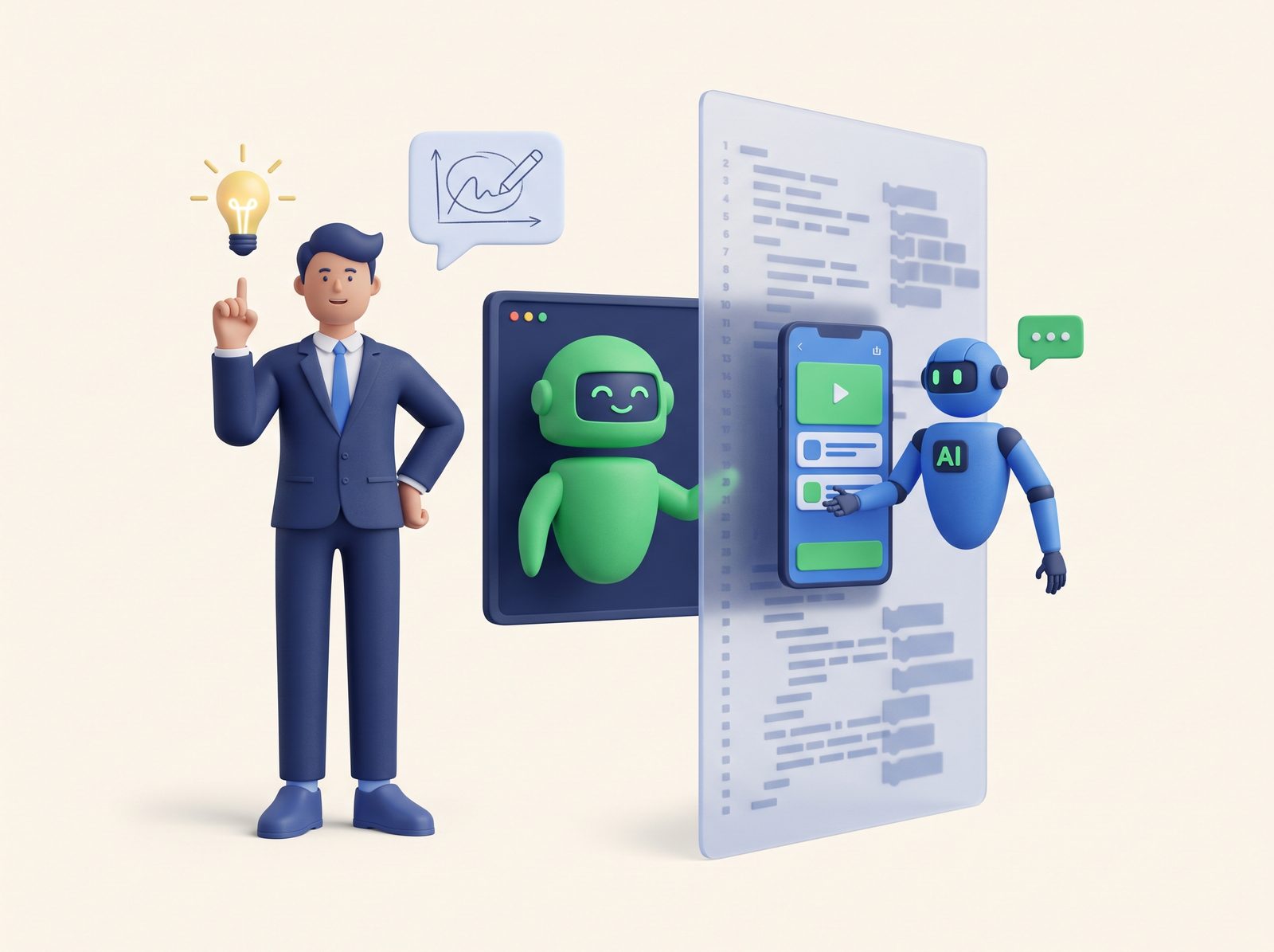 Illustration of building apps and AI agents with AI, no heavy code