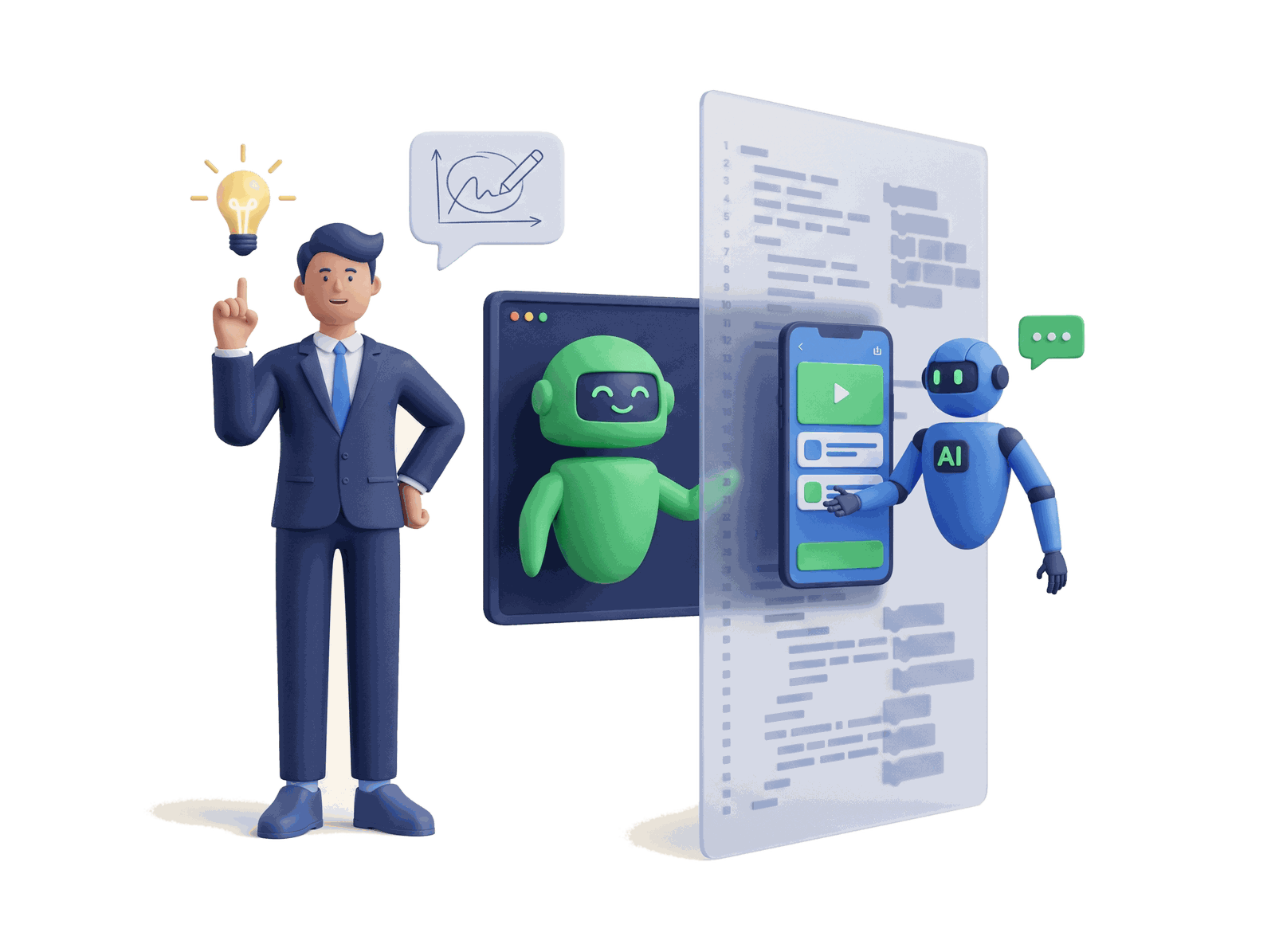 Illustration of building apps and AI agents with AI, no heavy code