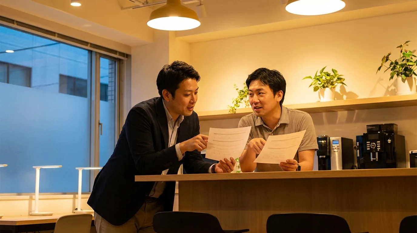 Singapore professionals comparing printed role training briefs together.