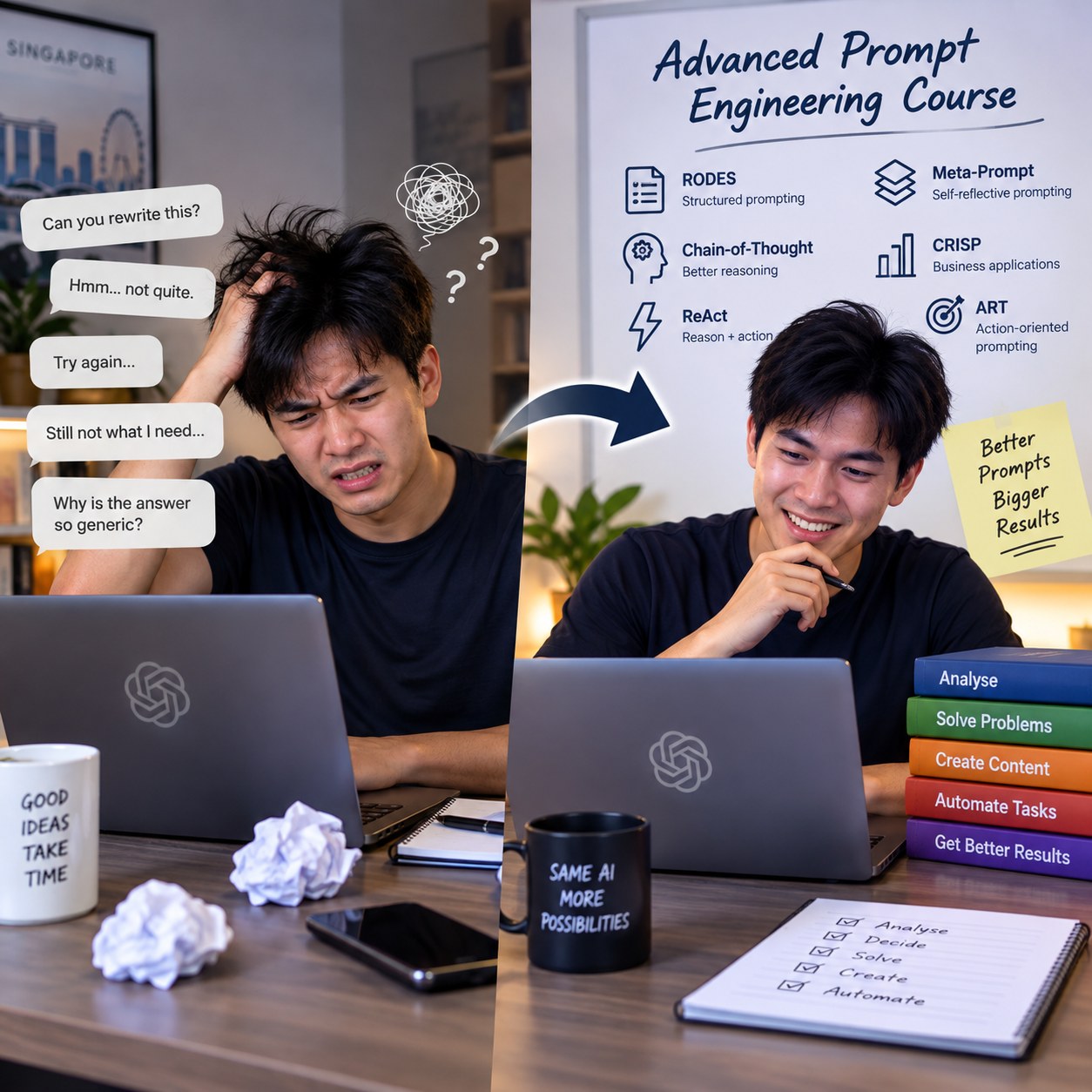 Before and after advanced prompt engineering — frustrated AI user versus confident user getting better results