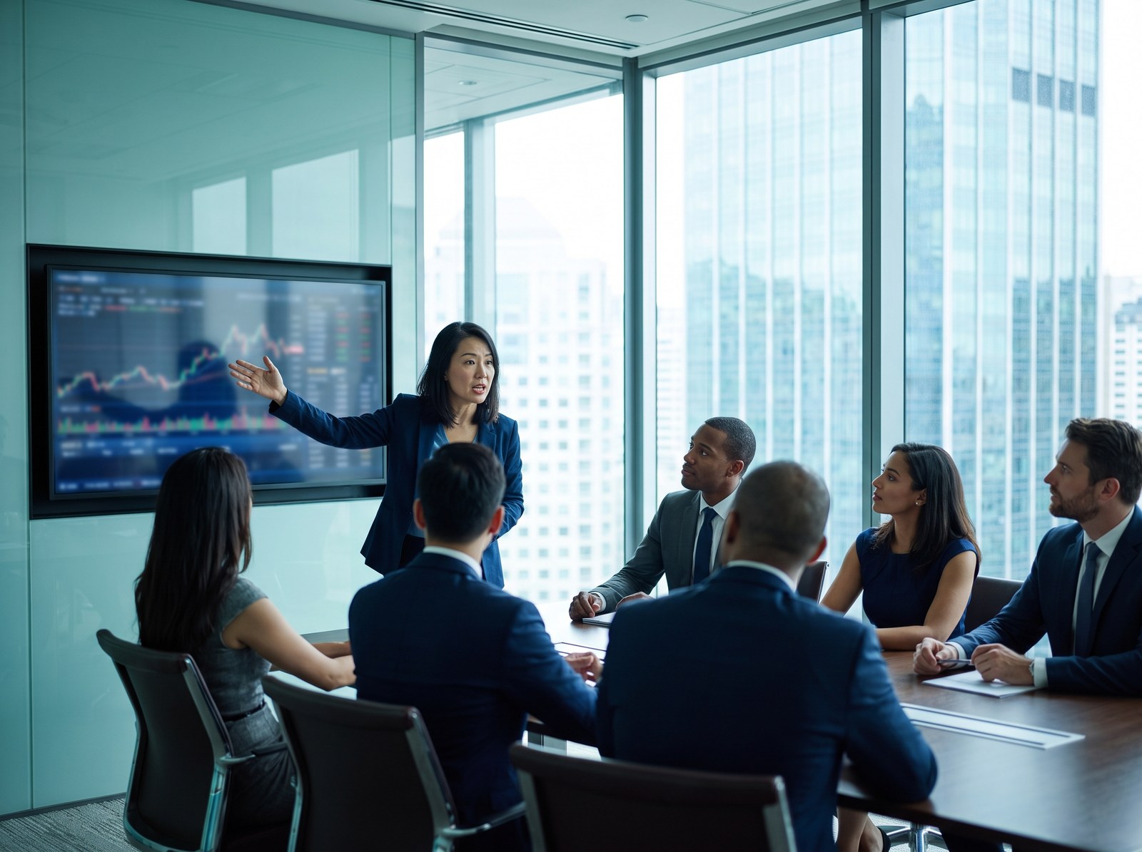 Finance leader presenting insights to executives in a Singapore boardroom
